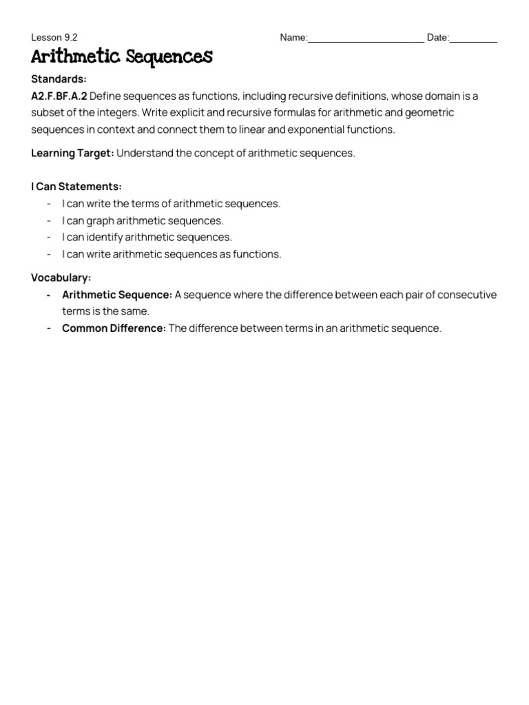 Guided Notes: Arithmetic Sequences 9.2 | PDF | Function (Mathematics ...