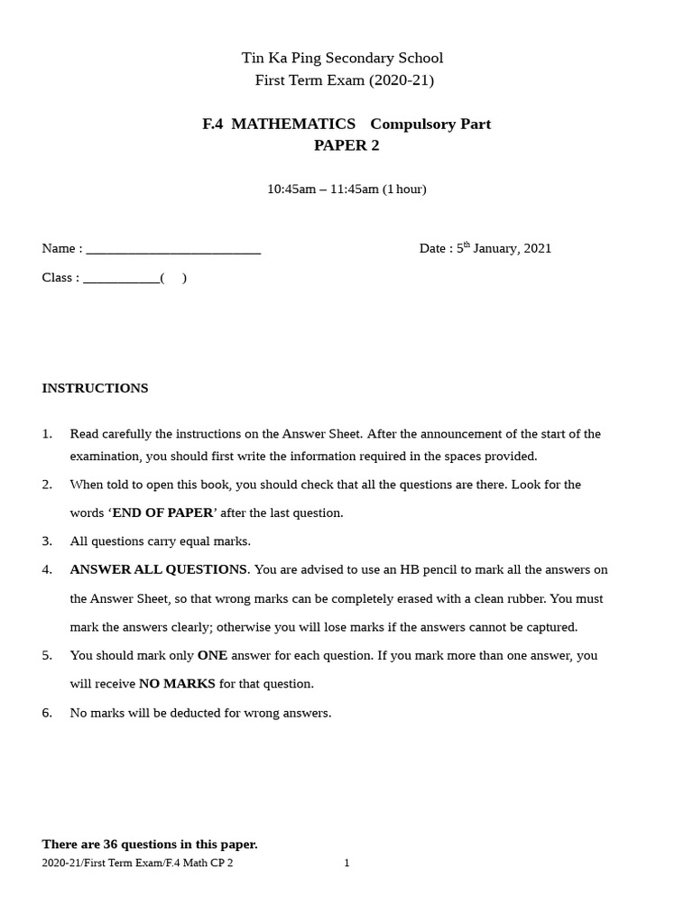 2020-21 First Term Exam F.4 Math 2 | PDF | Geometry | Elementary ...