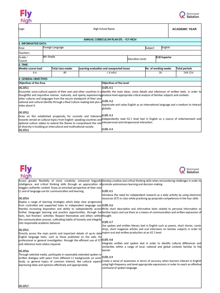 EFL Curriculum Plan for 8th Grade | PDF | Educational Technology ...