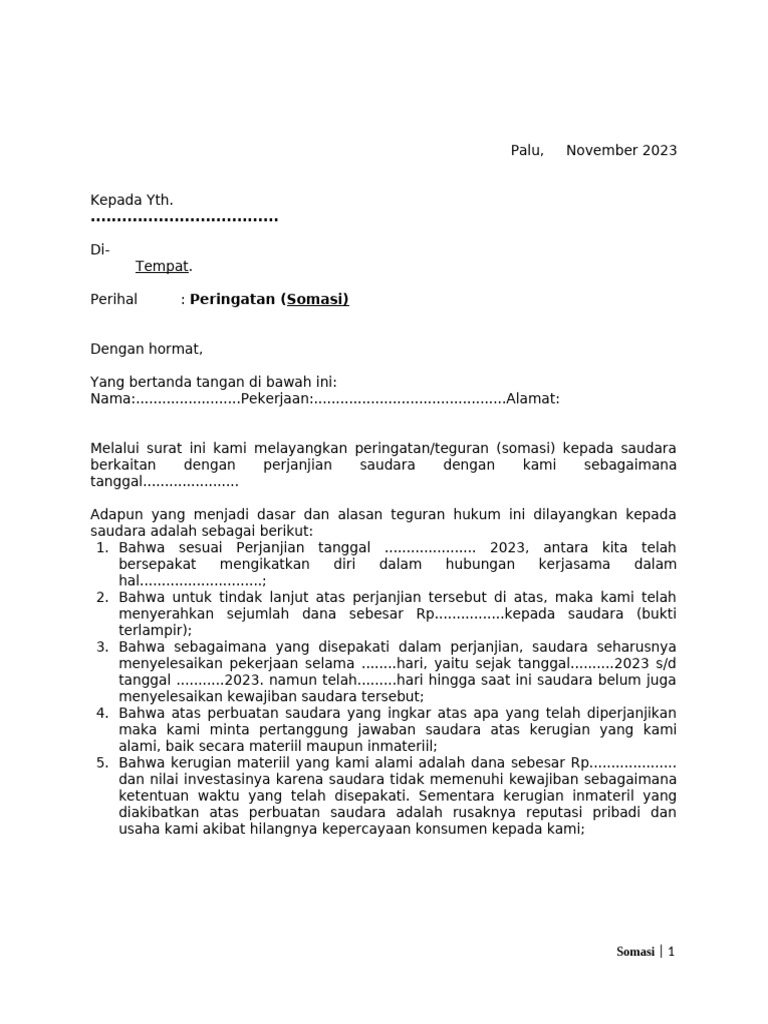 Contoh Surat Somasi Hutang dan Peringatan | PDF | Hukum
