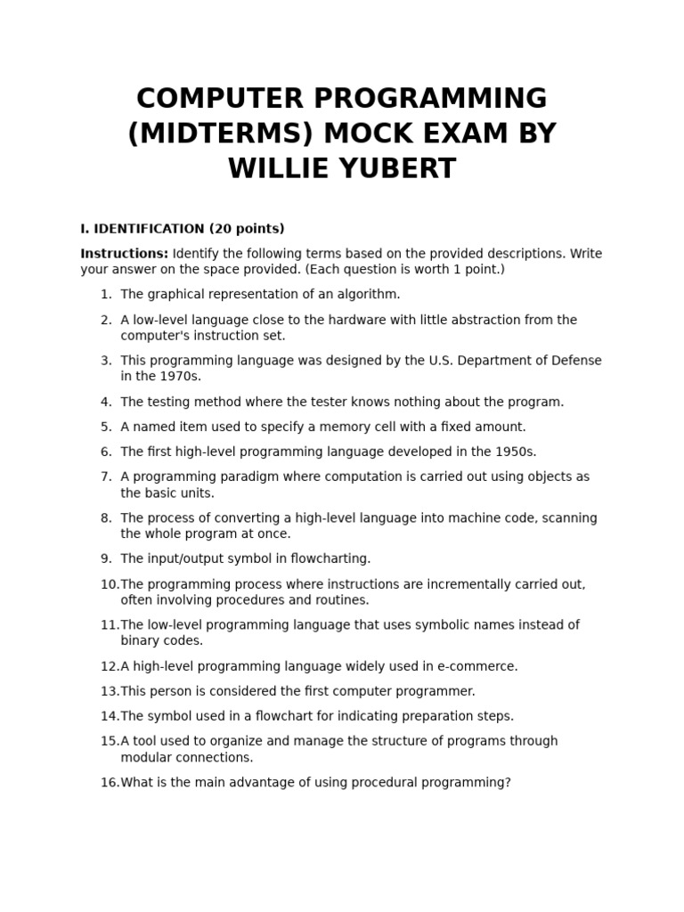 Computer Programming Mock Exam Guide | PDF | Computer Programming ...
