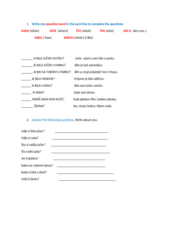 ZADAĆA ZA Hrvatski Jezik Question Words | PDF