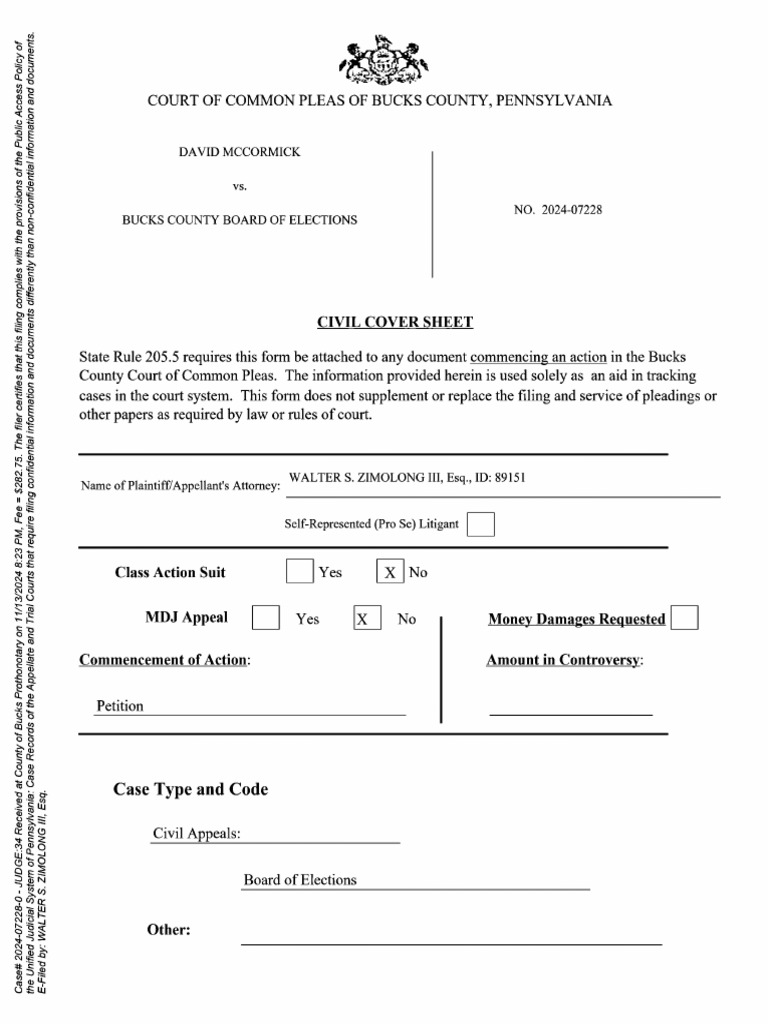 Docket188829860 David McCormick V Bucks County Board of Elections PDF