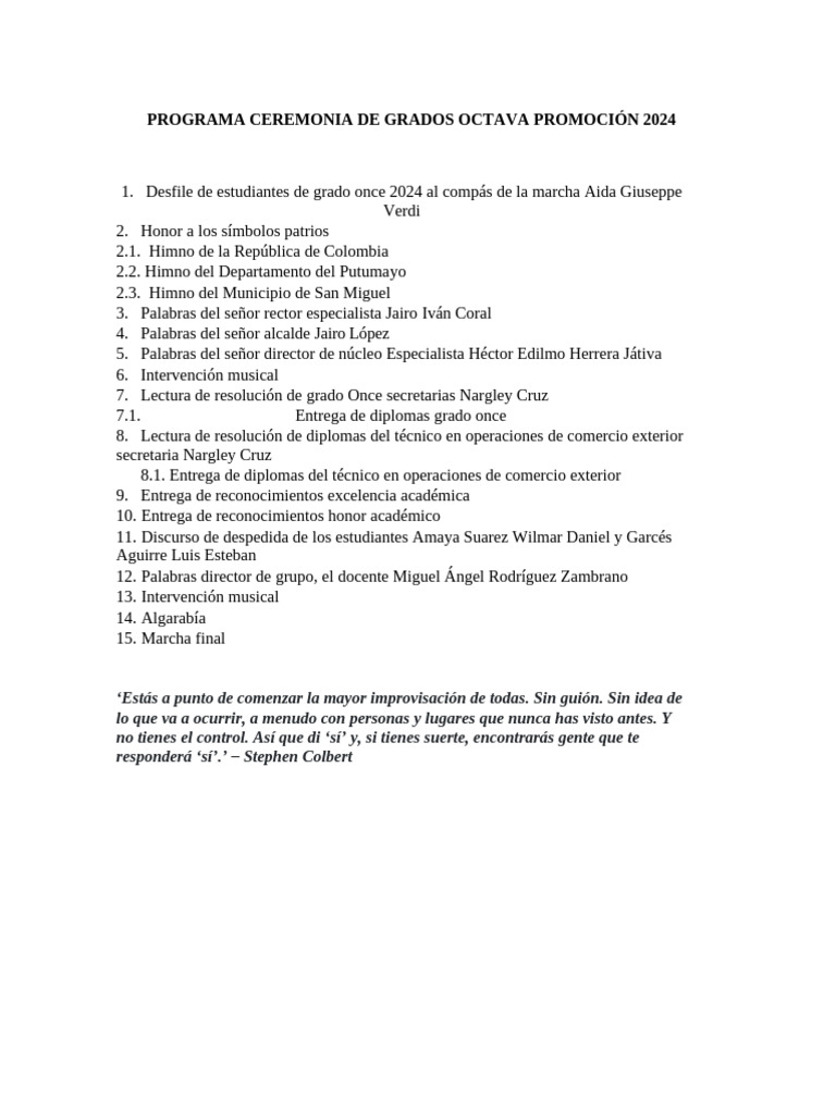Programa Ceremonia de Grados Octava Promoción 2024 | PDF