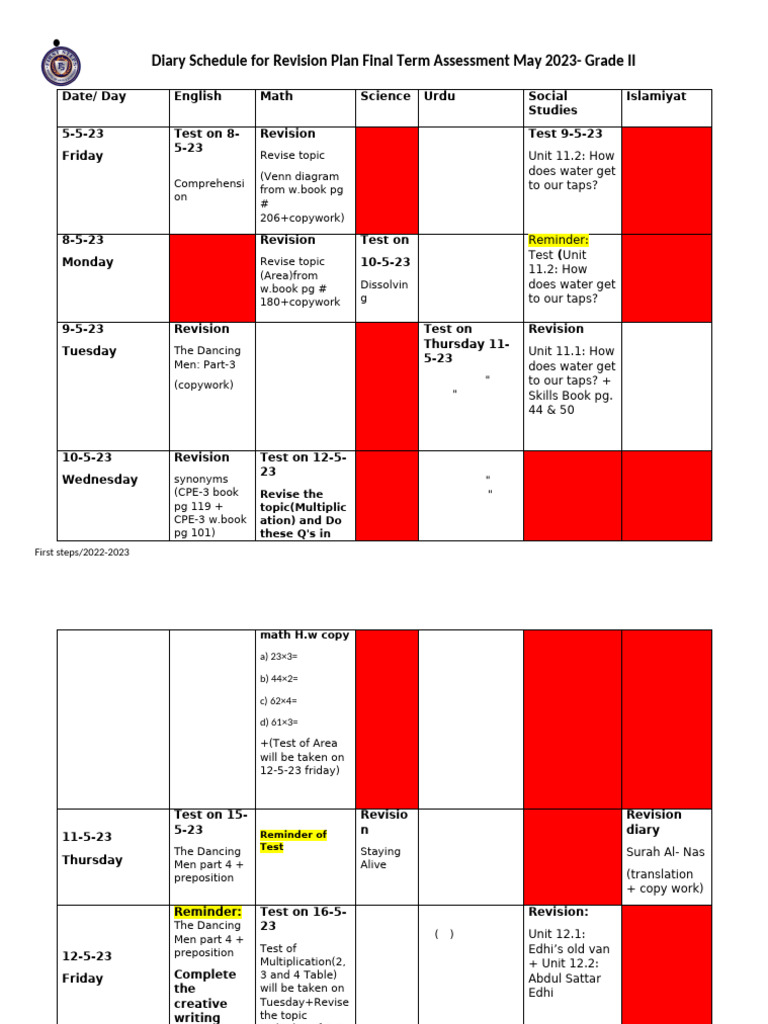Grade II Final Term Revision Schedule | PDF | Linguistics | Grammar