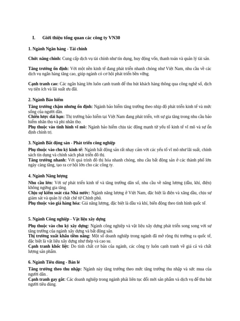 Giới thiệu tổng quan các công ty VN30 | PDF
