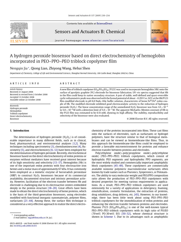 Hydrogen Peroxide Biosensor Using Hemoglobin | PDF | Physical Sciences ...