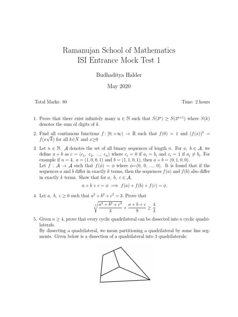 ISI Entrance Mock Test 1 Overview | PDF | Sequence | Mathematics