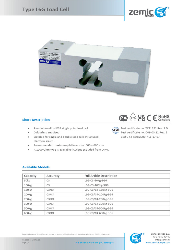 L6G Load Cell 50kg Specifications | PDF | Electrical Resistance And ...