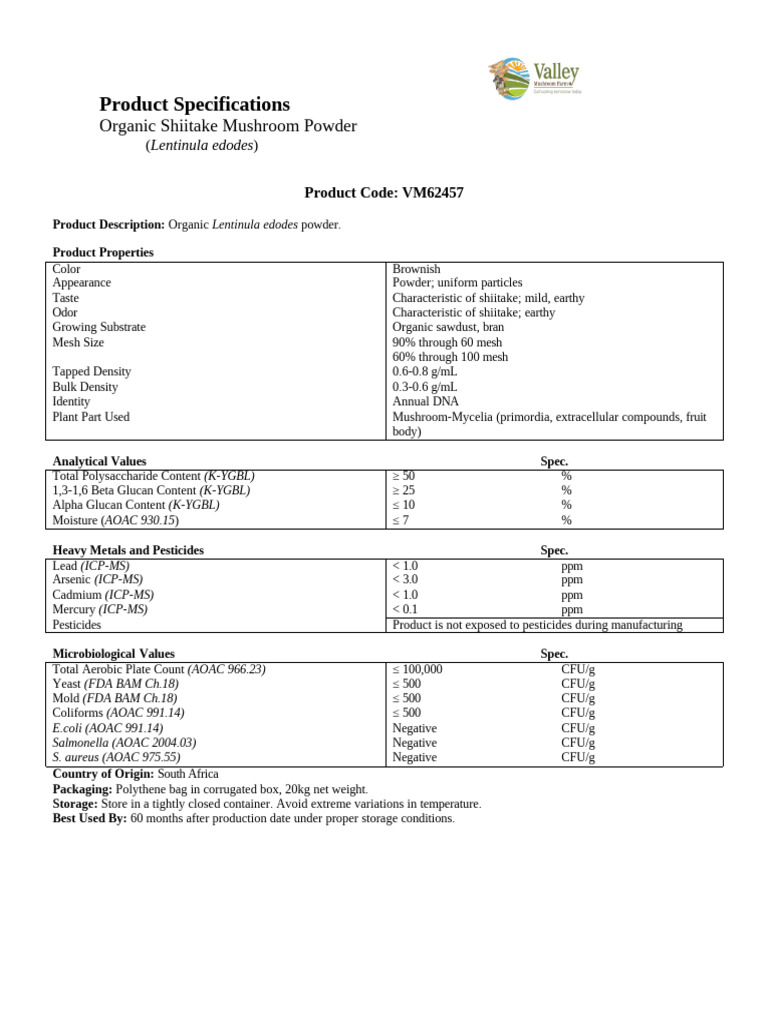 Org Shiitake Powder Spec V1 1 2 | PDF | Mycology | Fungus