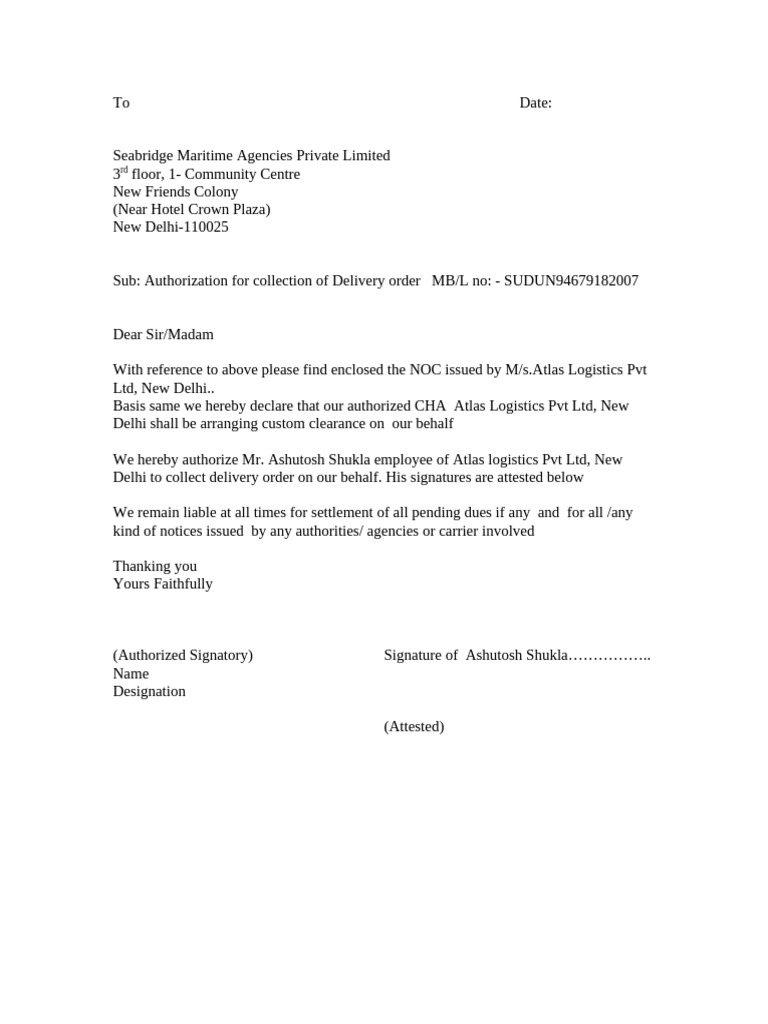 Authorization for Delivery Order Collection | PDF