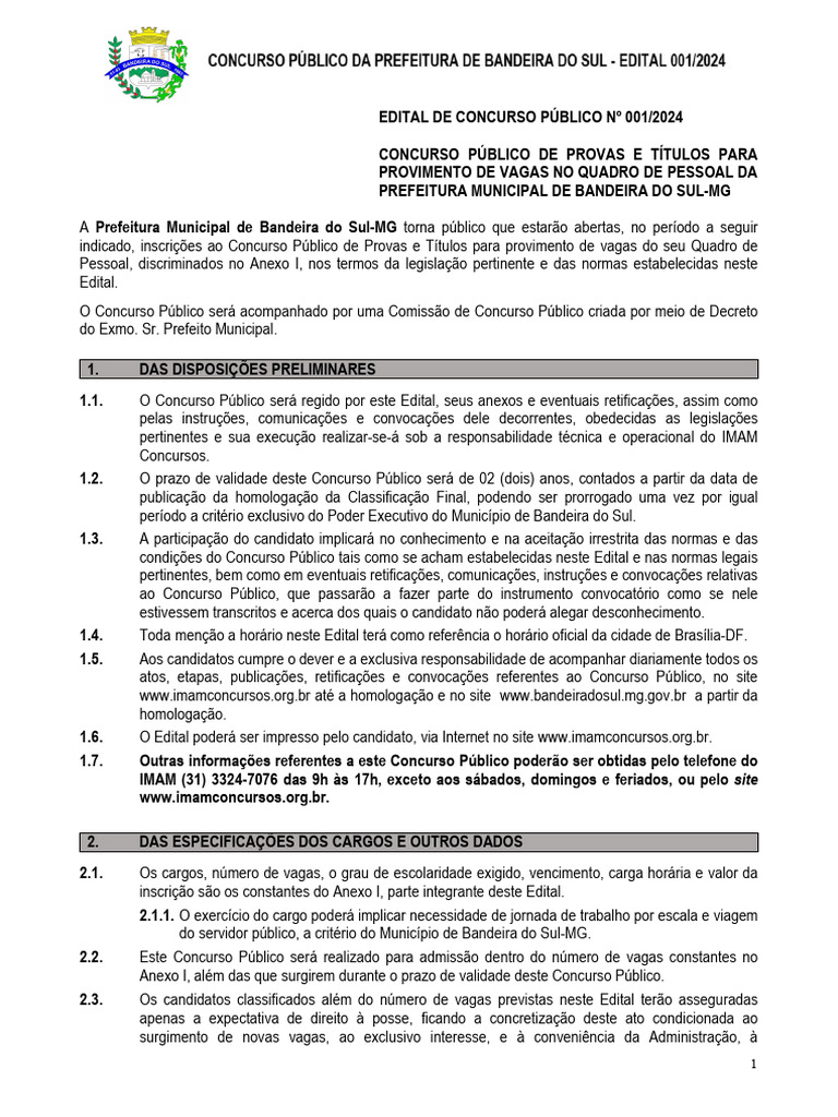 Edital de Concurso Publico 001 2024 Prefeitura de Bandeira Do Sul MG ...