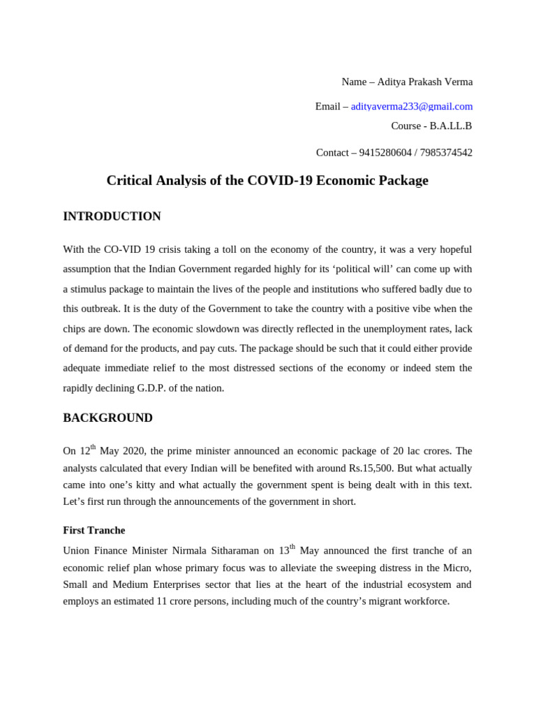 Aditya - Critical Analysis of The Economic Package | PDF | Great ...