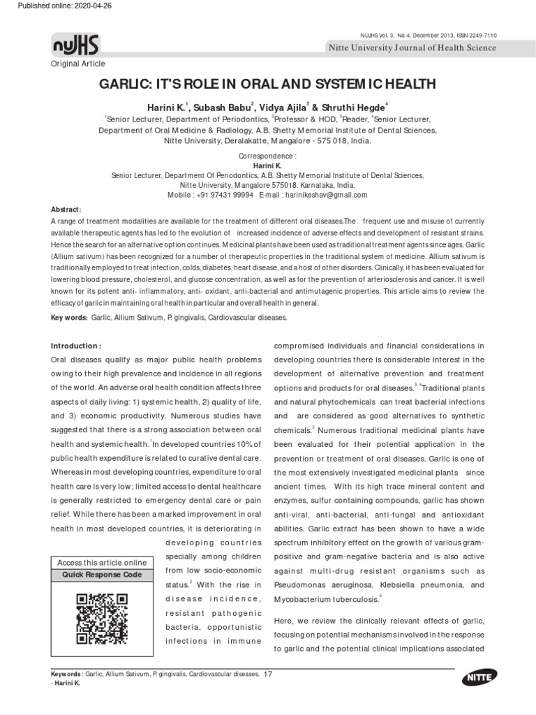Garlic Its Role in Oral and Systemic Hea | PDF | Garlic | Medical ...