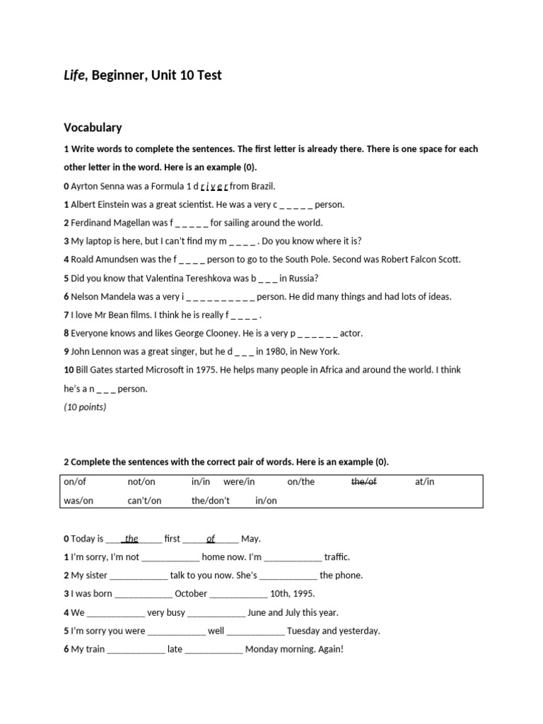 Life 2e - Beginner - Unit 10 Test - Word | PDF | Language Arts & Discipline