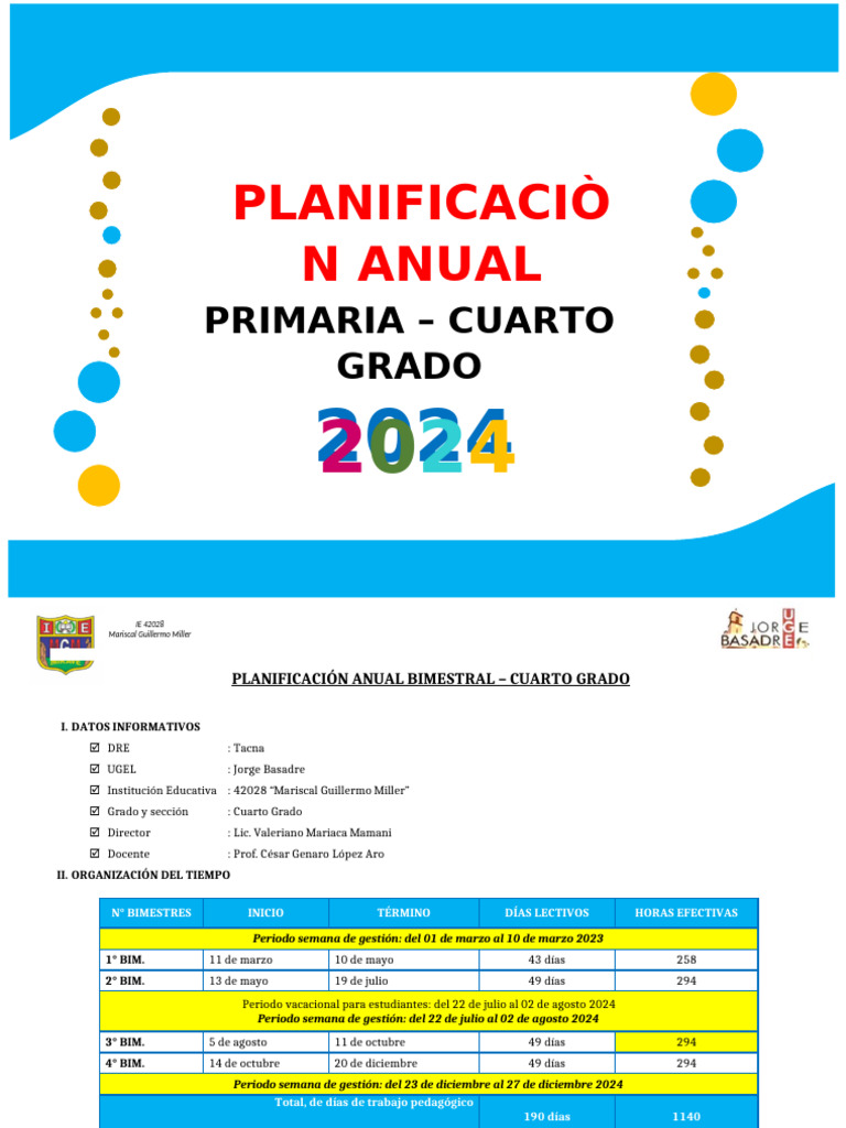 Planificación Anual 2024 Cuarto Grado | PDF | Enseñando | Planificación