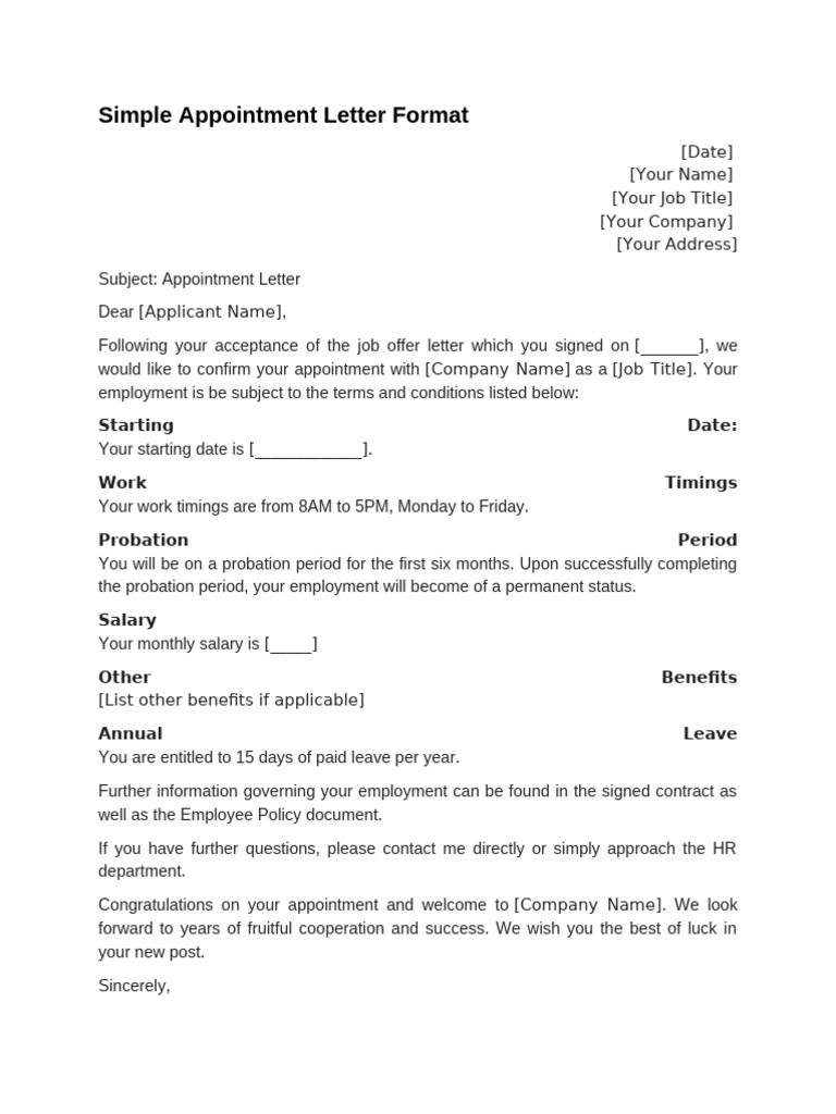 Simple Appointment Letter Template | PDF | Employment | Salary