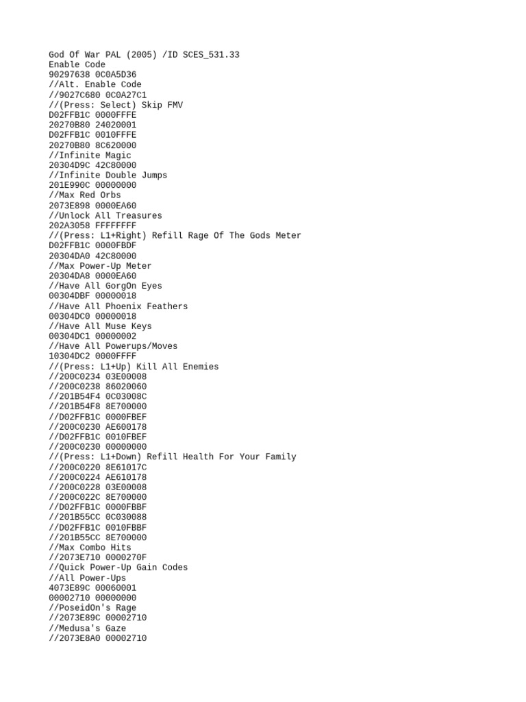 God Of War PAL 2005 Cheat Codes | PDF