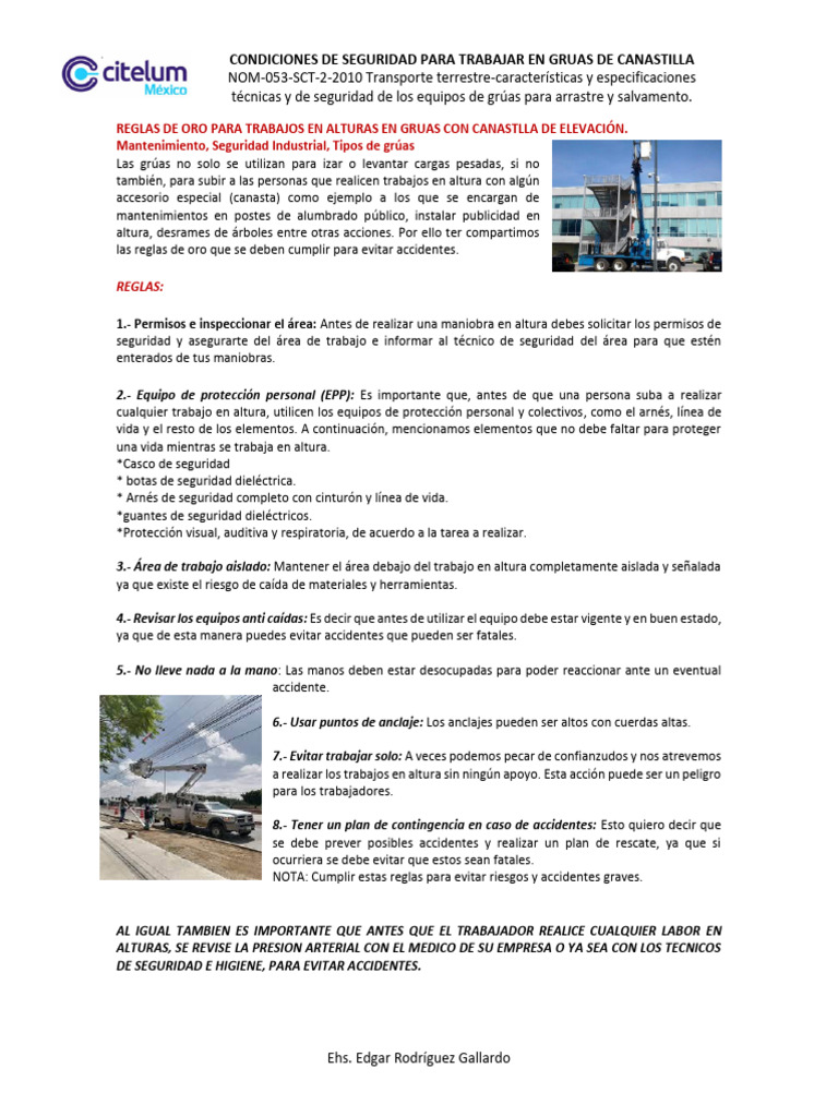 Condiciones de Seguridad para Laborar en Gruas de Canastilla | PDF