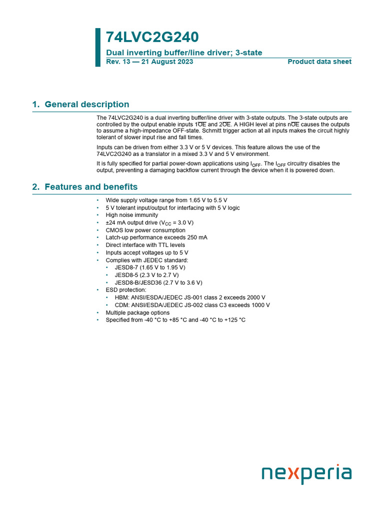 74LVC2G240 Dual Inverting Buffer Data Sheet | PDF | Electrical ...