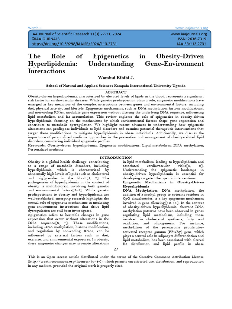 The Role of Epigenetics in Obesity-Driven Hyperlipidemia: Understanding ...
