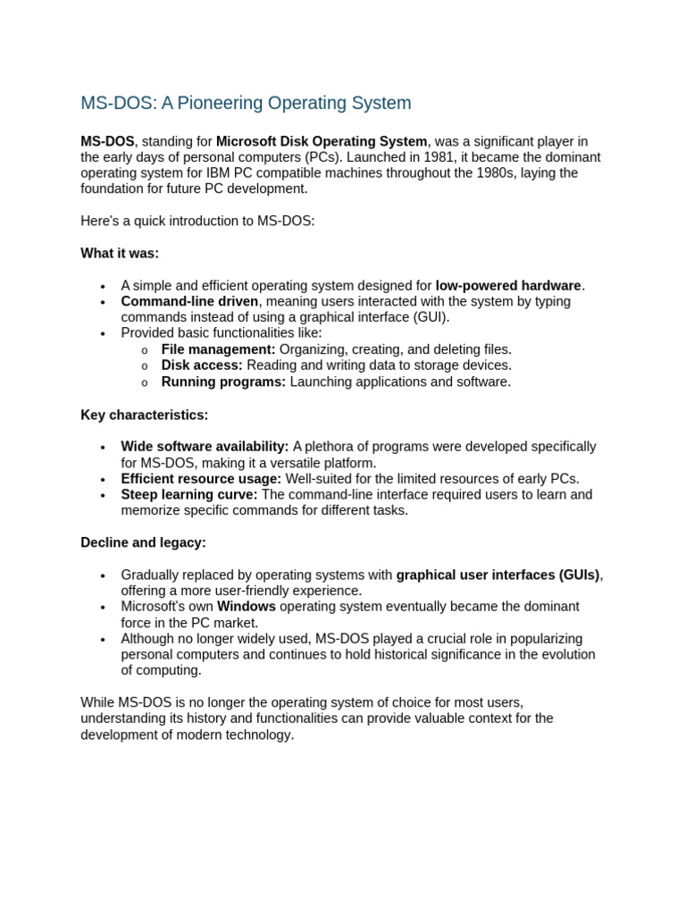 MS-DOS: A Pioneering Operating System | PDF | Operating System ...