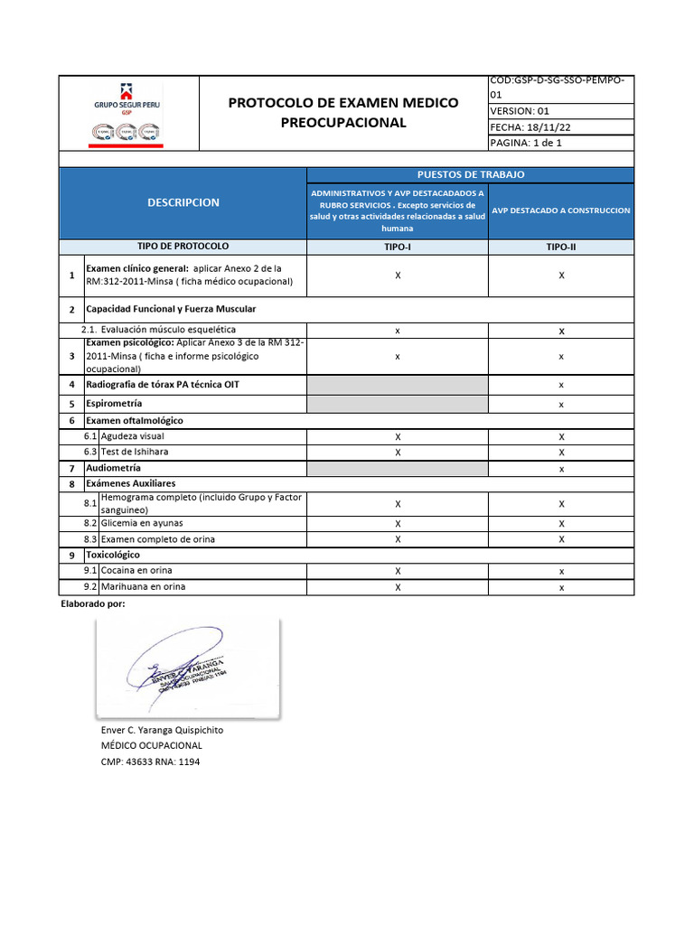 Protocolo de Examen Médico Preocupacional | PDF | Medicina CLINICA ...