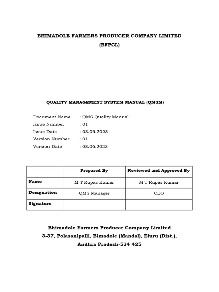 BFPCL Quality Management System Manual | PDF | Audit | Risk