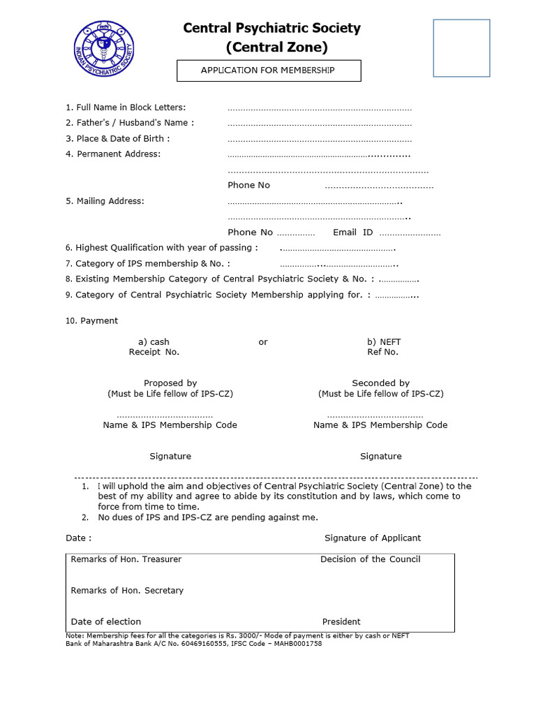 Central Psychiatric Society Membership Form | PDF | Psychiatrist ...