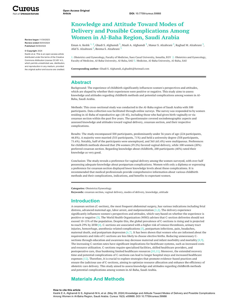Knowledge and Attitude Toward Modes of Delivery and Possible ...