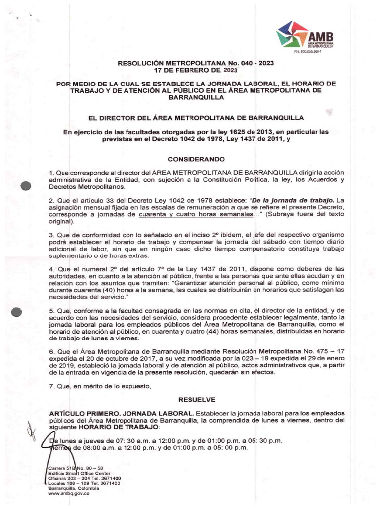 Resolucion M. 040 2023 Jornada Laboral | PDF