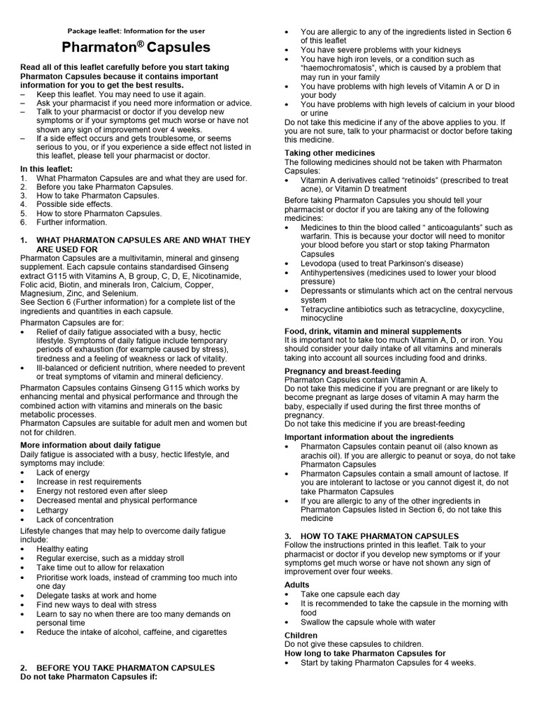 Pharmaton Capsules: Package Leaflet: Information For The User | PDF ...