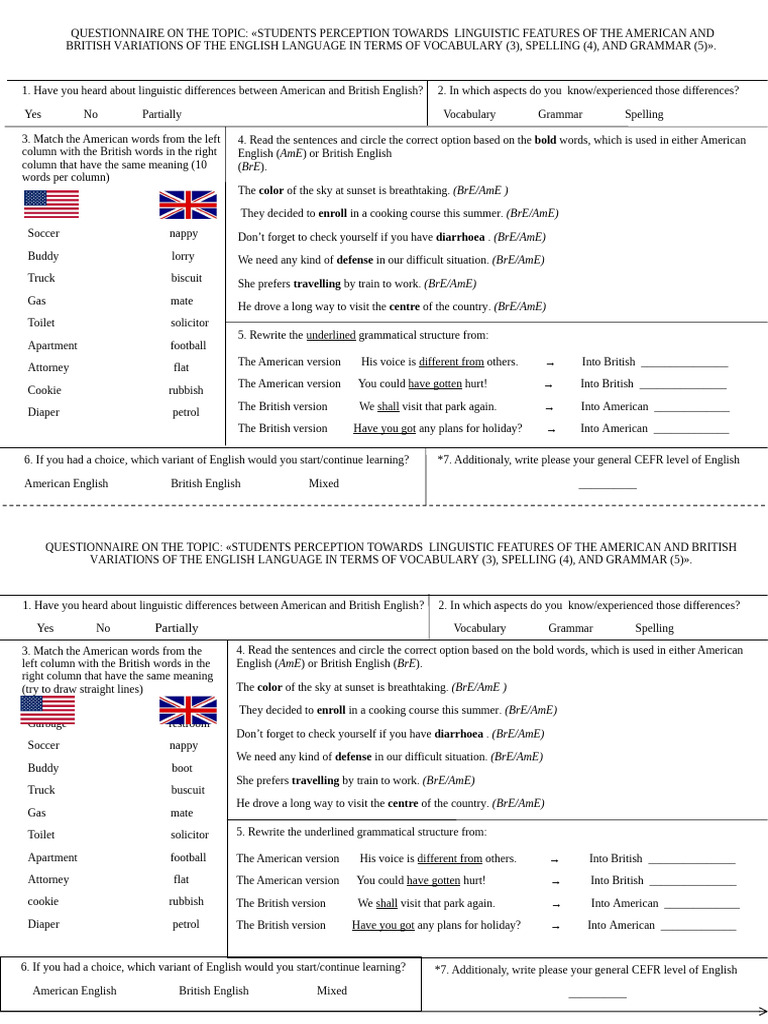English Questionary American and British | PDF | English Language | Grammar