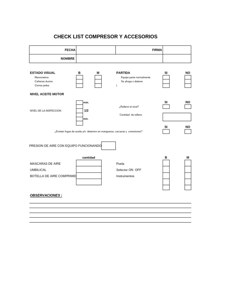 Checklist para Compresores y Accesorios | PDF