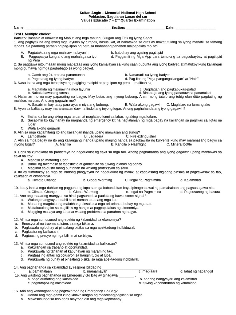 VALUES 7 2nd Quarter Exam. 126 Copies | PDF