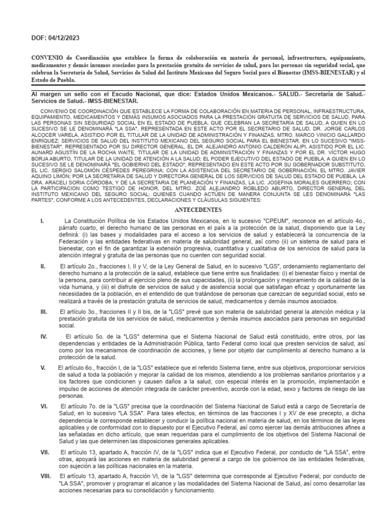 Convenio de Salud en Puebla 2023 | PDF | Bienestar | Tratado