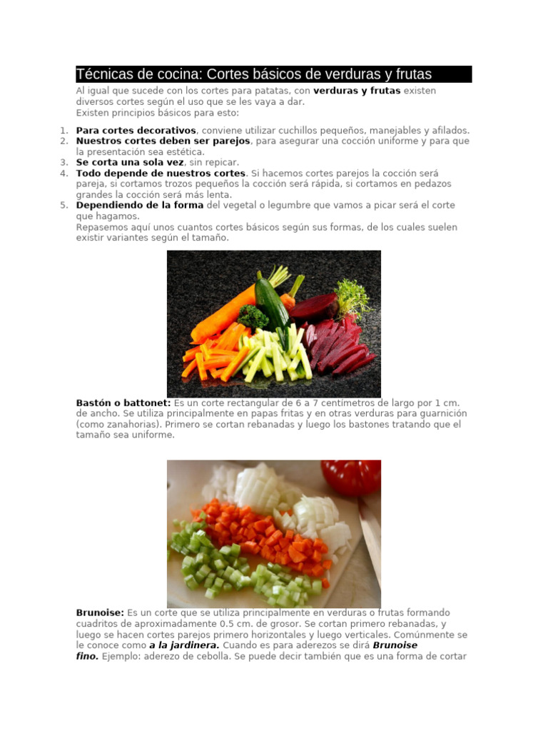 Cortes básicos de verduras y frutas | PDF | Vegetales | Cocinando
