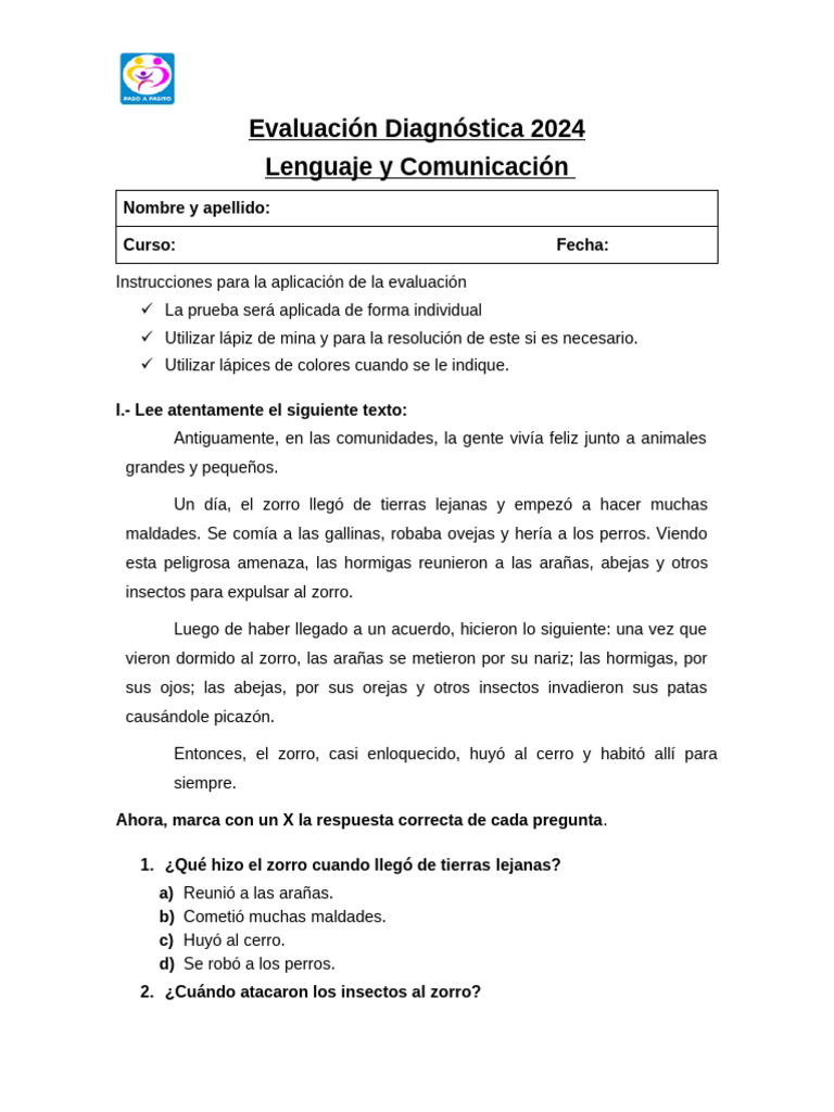 Evaluacion Diagnostica Lenguaje 2024 Laboral | PDF