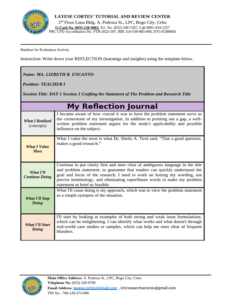 Day 1 Reflection Journal Insights | PDF