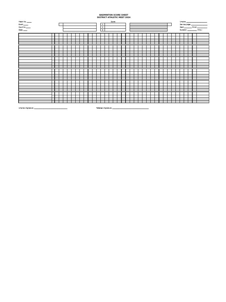 Badminton Score Sheet Template 2024 | PDF