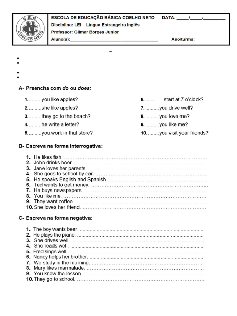 Avaliação de Inglês: Presente Simples | PDF