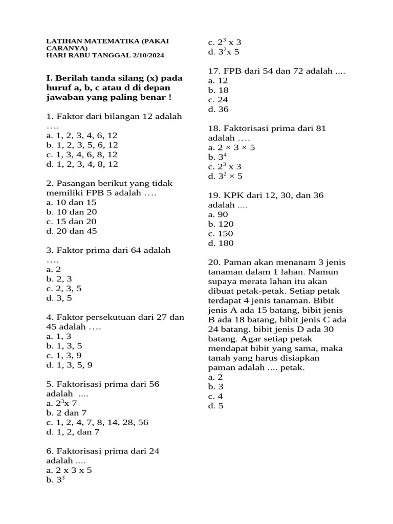 Latihan Matematika: Faktor dan FPB | PDF