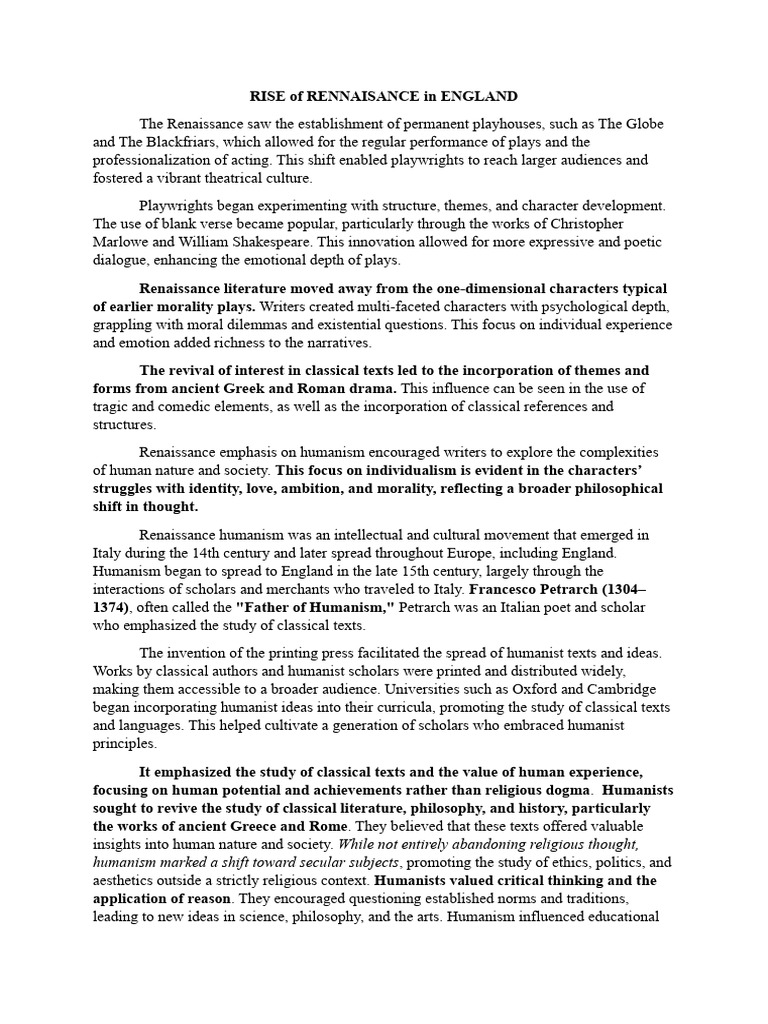 Rise of Rennaisance in England First Sem | PDF | Humanism | Renaissance