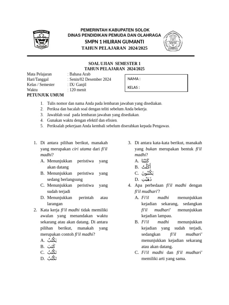 Soal Bahasa Arab Kelas 9 2024 | PDF