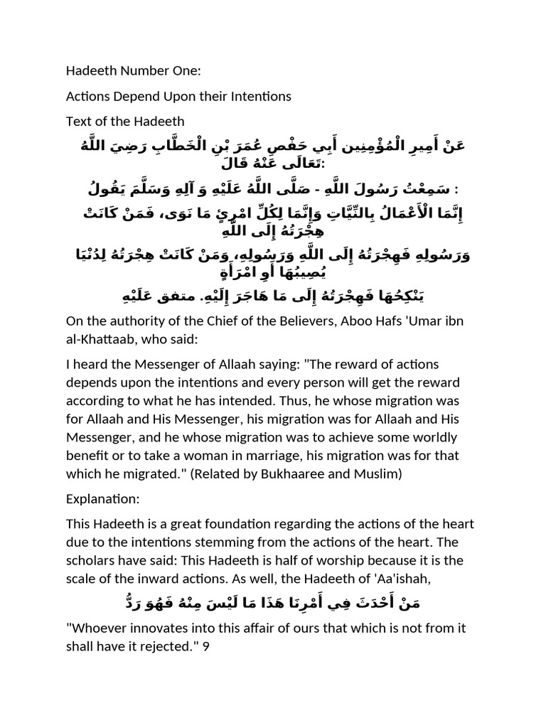 Intentions in Actions: A Key Hadeeth | PDF | Hadith | Religious Belief ...