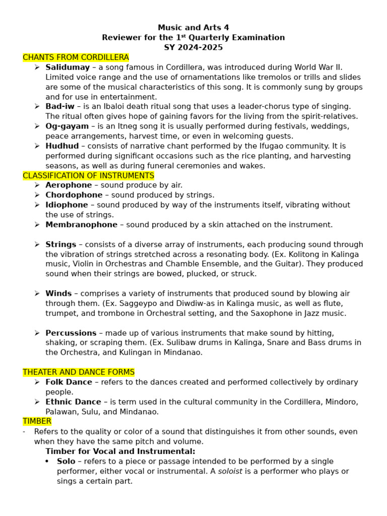 Music and Arts 4 Reviewer | PDF | String Instruments | Musical Instruments