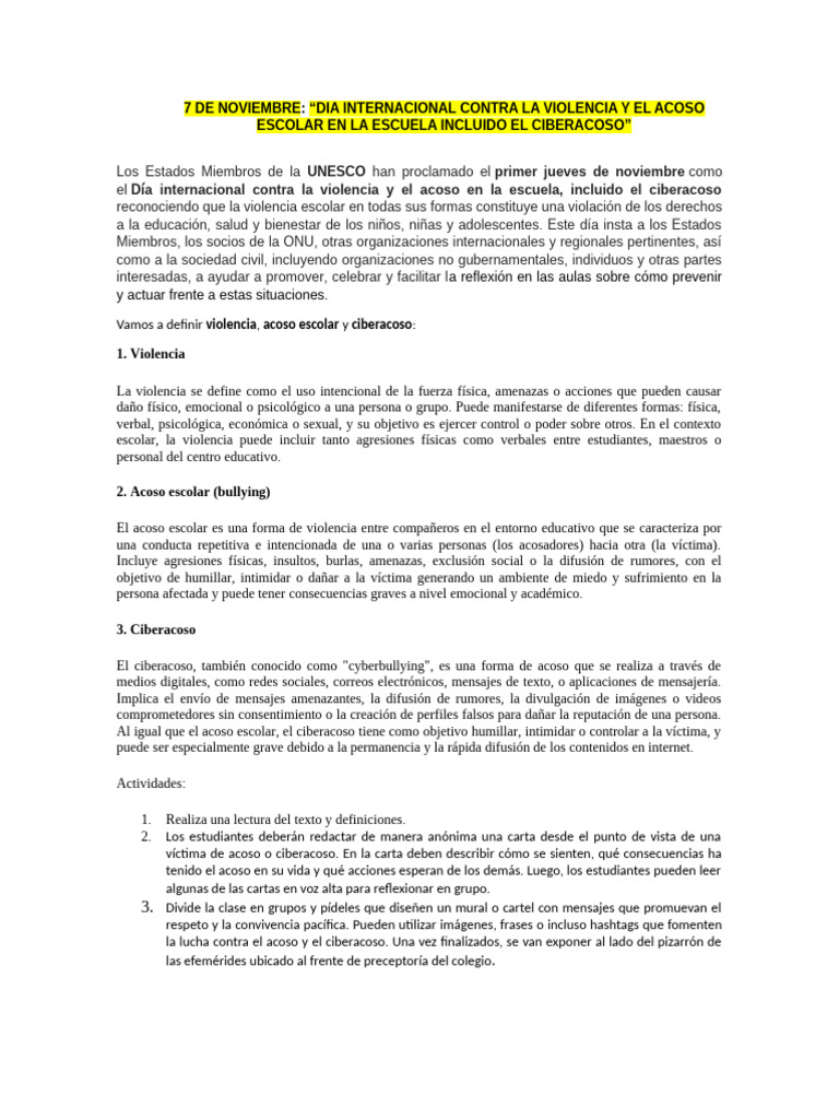 Día Internacional contra la Violencia Escolar | PDF | Violencia | Acoso ...
