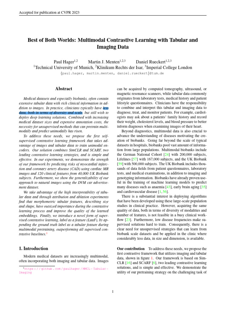 Best of Both Worlds: Multimodal Contrastive Learning With Tabular and ...