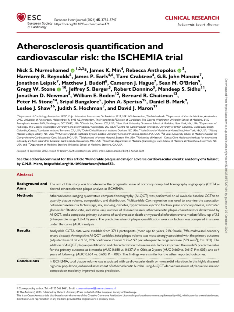 Atherosclerosis Quantification and Cardiovascular Risk The ISCHEMIA ...