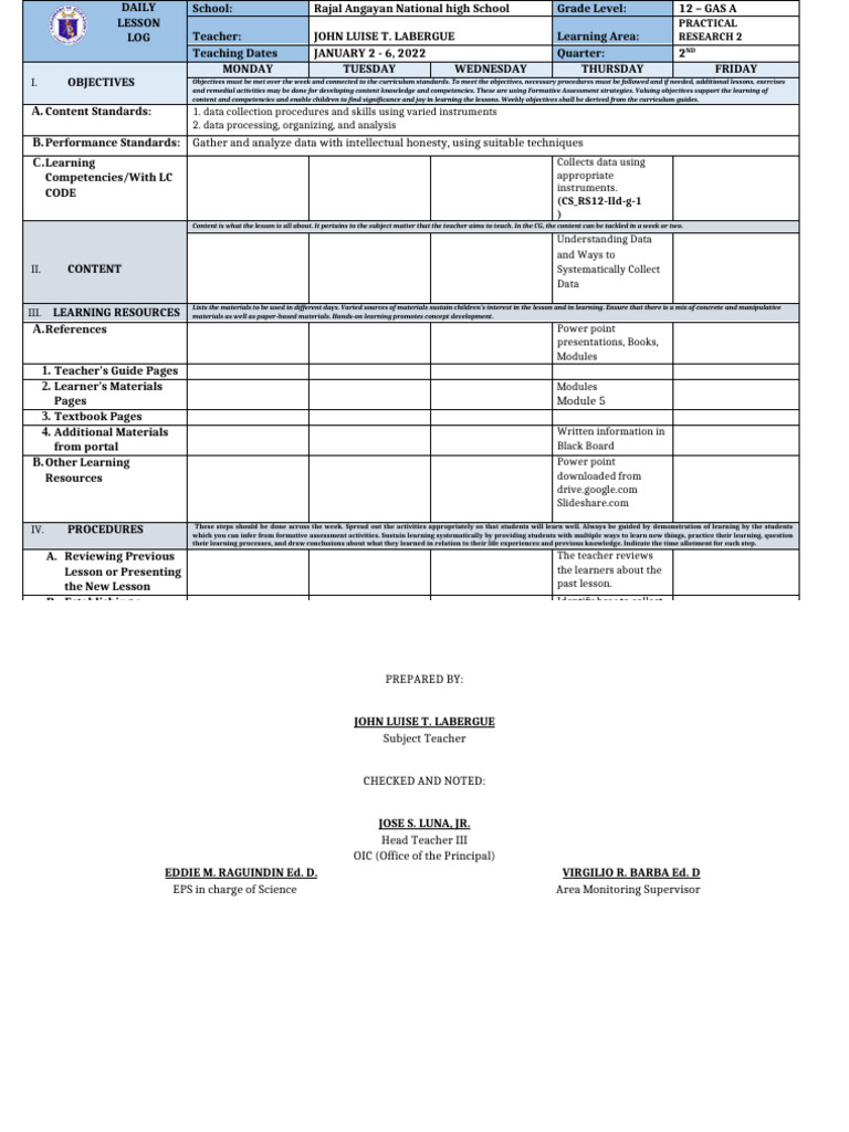 PR2 Week Jan 2 - 6 | PDF | Learning | Teachers